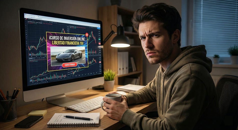Hombre joven con expresión escéptica mirando una pantalla de ordenador con gráficos bursátiles y un anuncio de un curso de inversión online.