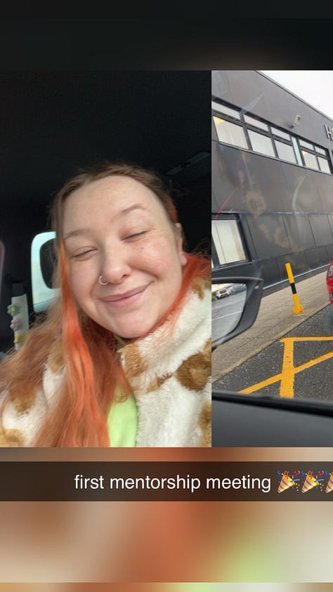 photo 1: A split image showing a person smiling softly inside a car on the left, and the outside of a building with yellow painted lines and parked cars on the right. Text across the bottom reads “first mentorship meeting” with celebratory emojis.  photo 2: A mirror selfie of a person with long orange hair, wearing a fluffy patterned jacket and holding a Mentor Handbook. A wheelchair with orange spokes is visible in front of the mirror.  photo 3: A screenshot of a supportive text message from a friend named Eleanor, expressing pride and encouragement about starting mentoring.