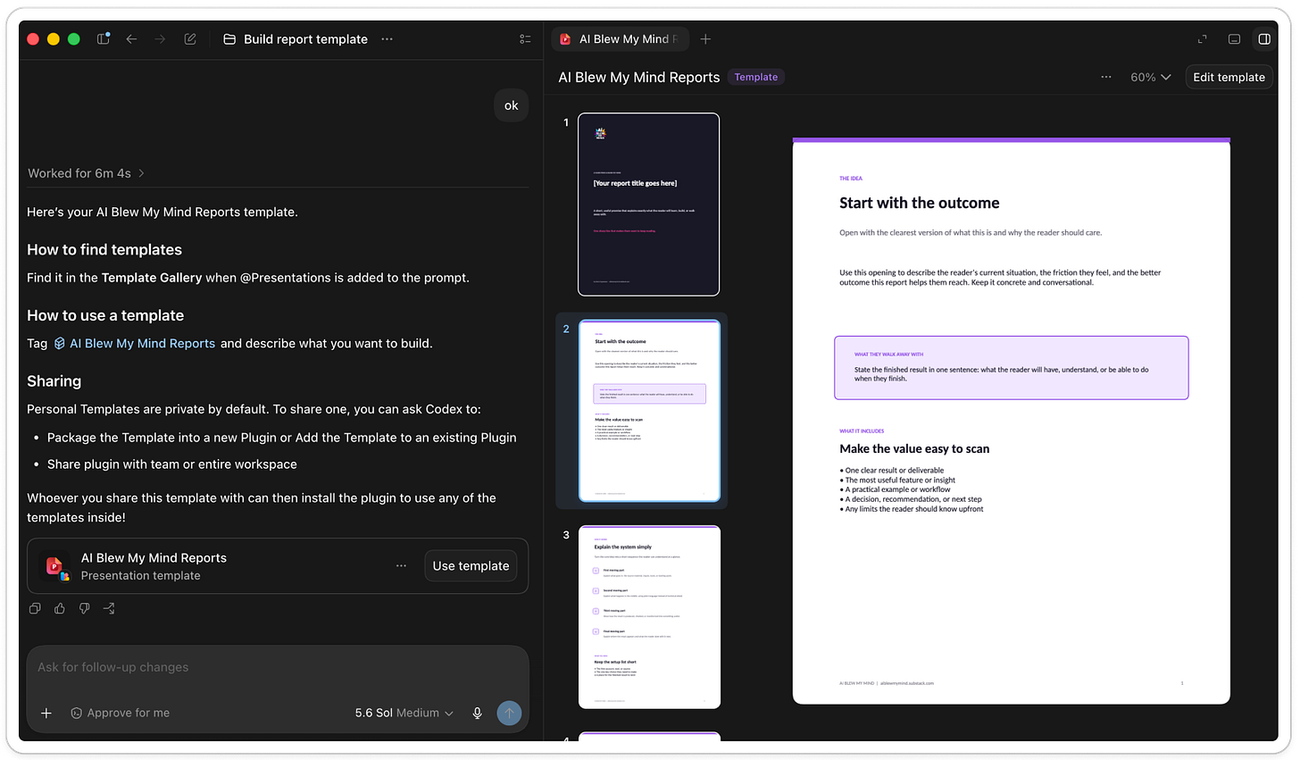 Finished AI Blew My Mind Reports template open in ChatGPT Work, showing the cover page and section layouts alongside the chat explaining how to find, use, and share the template.