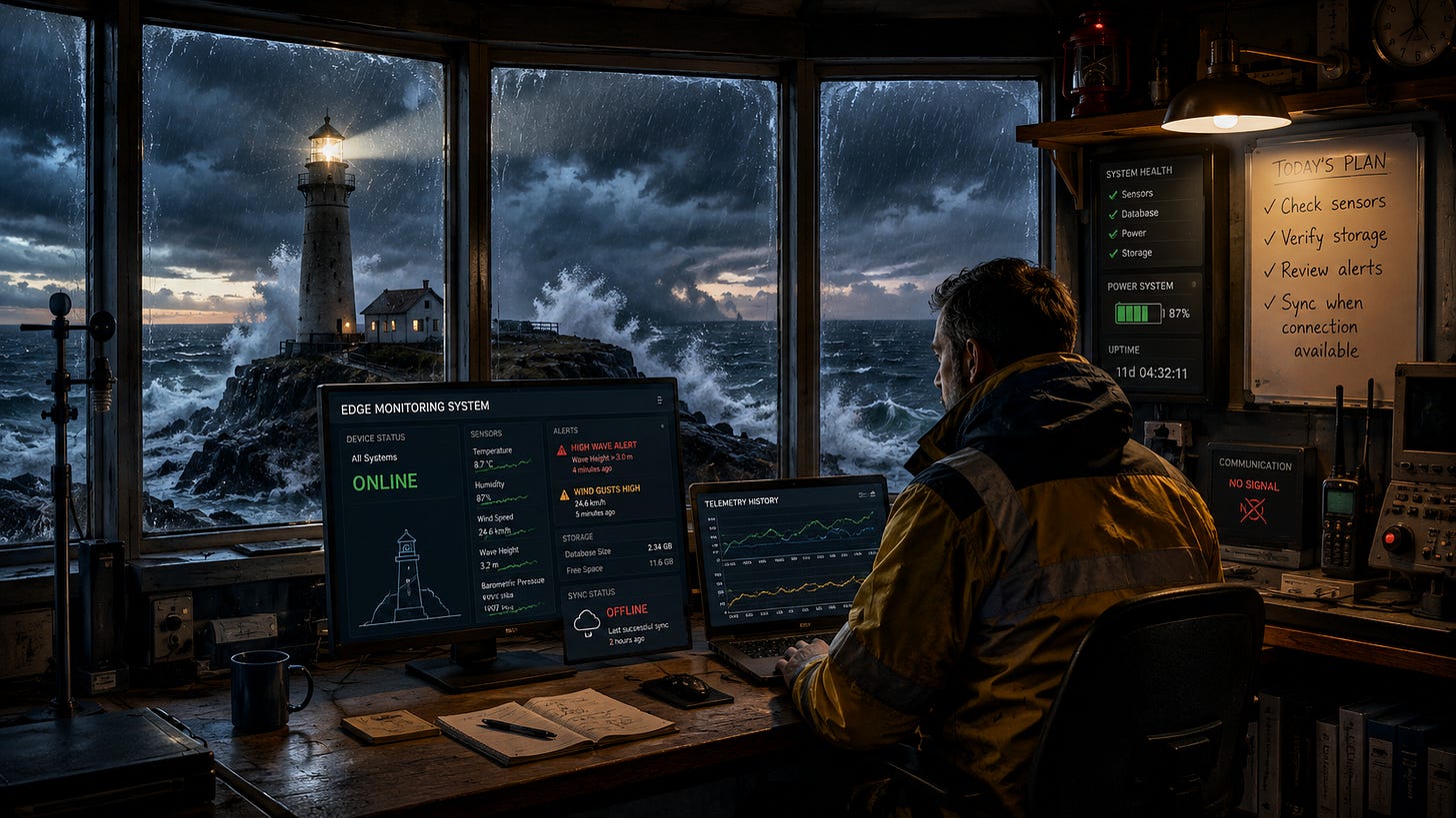 Lighthouse operator monitoring edge devices with SQLite during a severe storm and network outage. Lighthouse operator monitoring edge devices with SQLite during a severe storm and network outage.