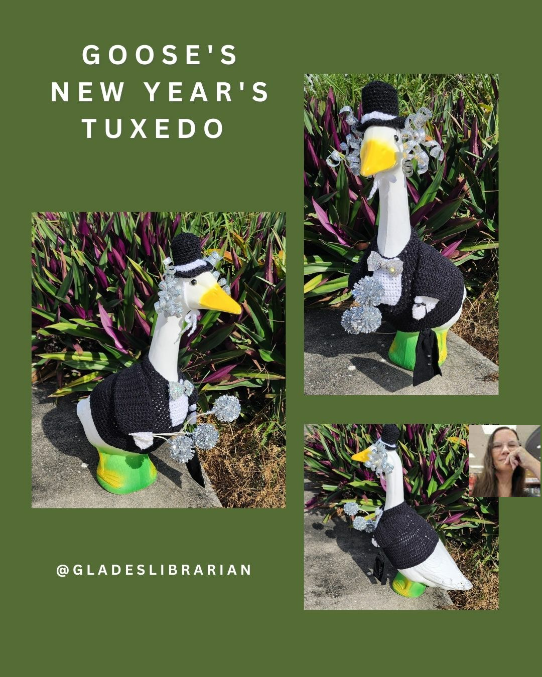Image of a 28" plastic porch goose wearing a crocheted black top hat with white band. Also wearing a crocheted black-and-white tuxedo with a silver rhinestone bowtie.