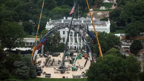 Kevin Dietsch via Getty Images Construction continues for the upcoming UFC match on the South Lawn of the White House in Washington, DC. Kevin Dietsch via Getty Images Construction continues for the upcoming UFC match on the South Lawn of the White House in Washington, DC.