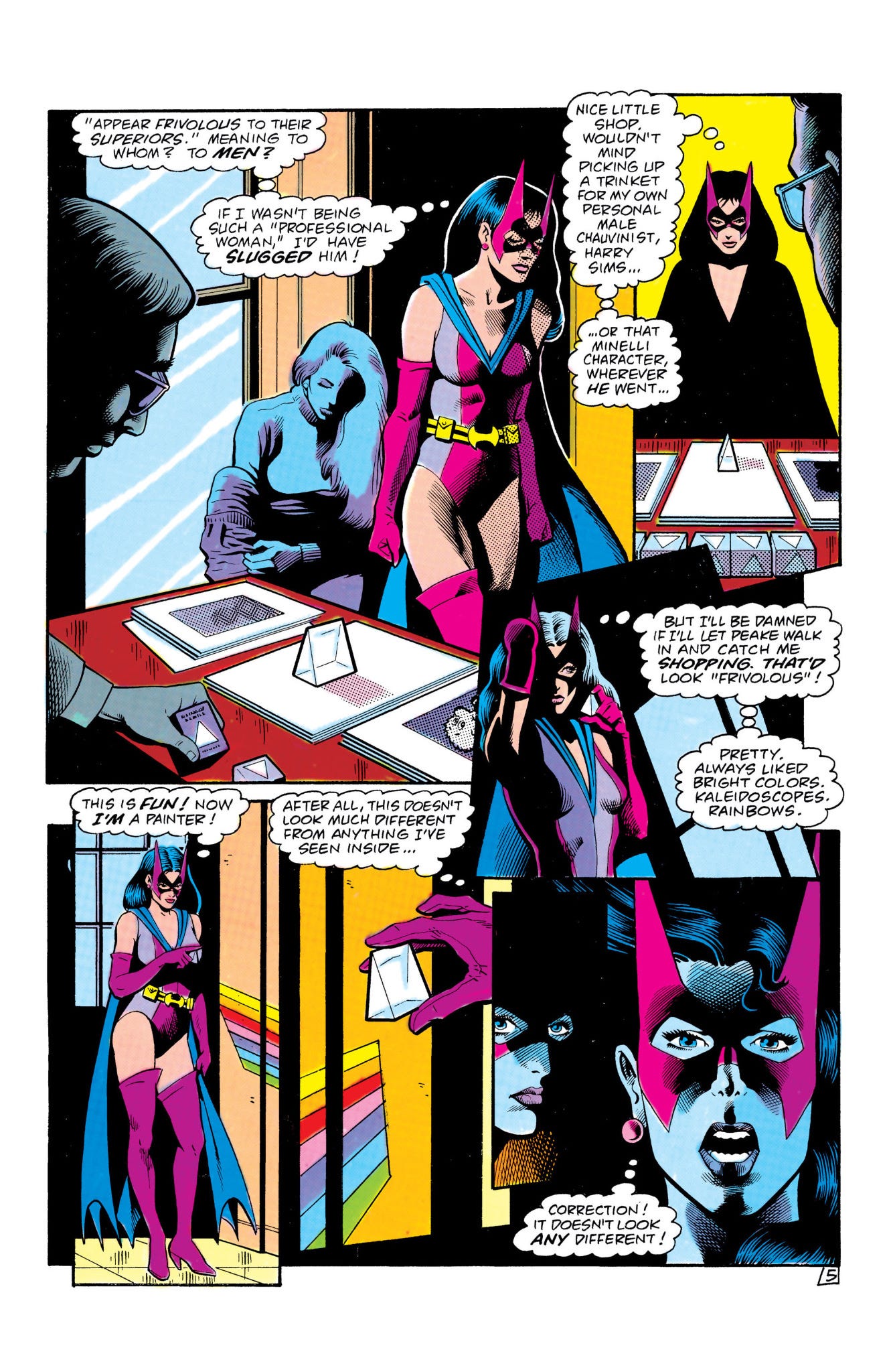 Helena Wayne complains about sexism as the Huntress in an art gallery.
