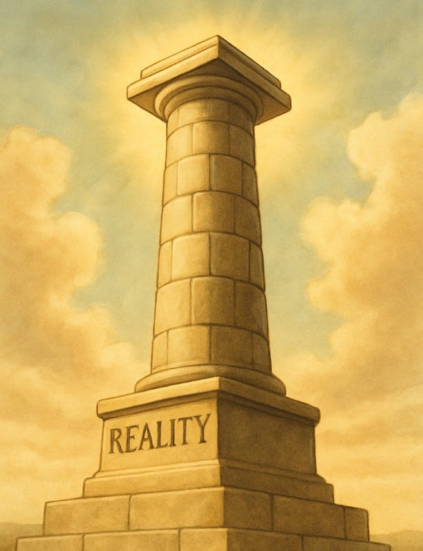 A tall stone pillar engraved with the word “Reality” rises toward golden sunlight, symbolizing truth and stability as the foundation for lasting success.