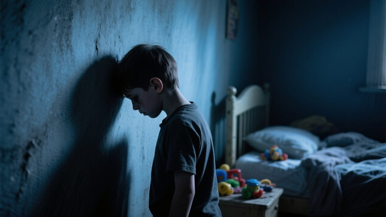 Dark children’s bedroom. A sad dissociated small boy stands against the wall, his head leaning forward, his forehead touching the wall