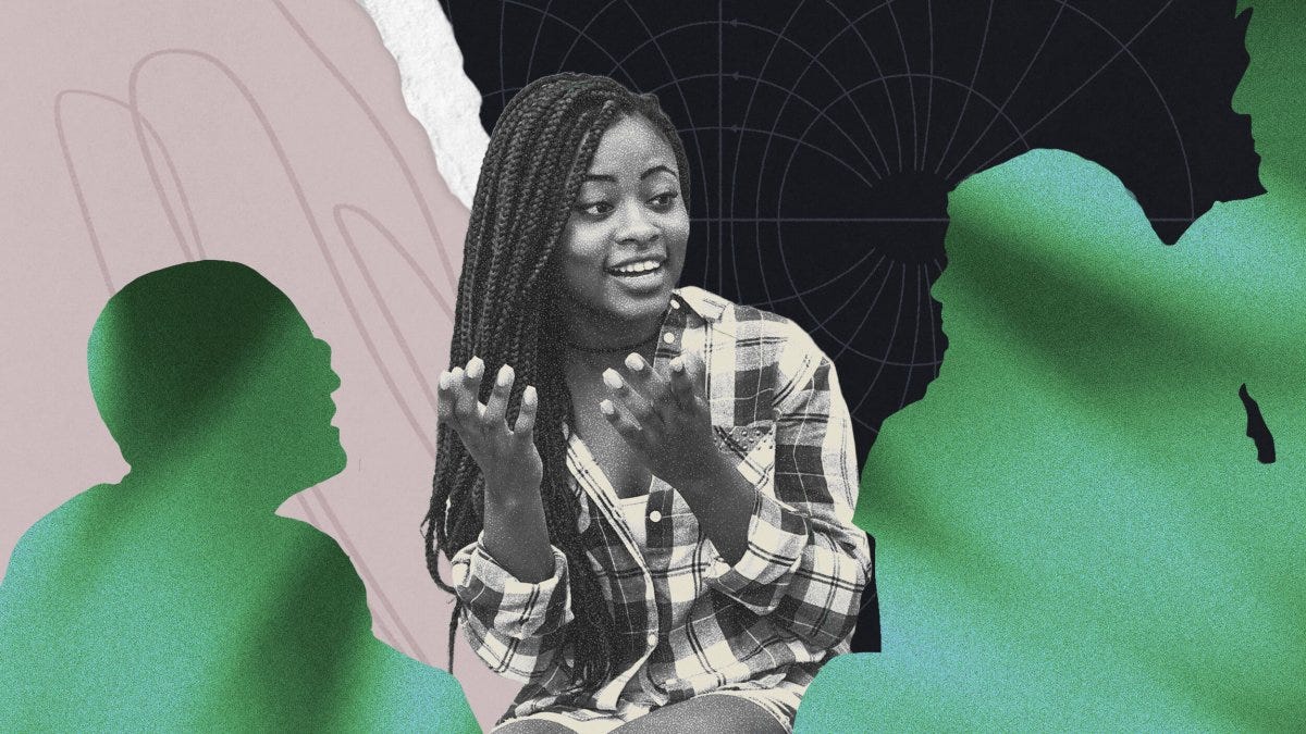 A woman with long braids gestures while speaking, seated among three people illustrated as green silhouettes on a mixed-media background.