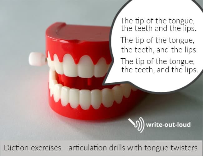 Image: wind up toy teeth with the text of a tongue twister: the ip of the tongue, the teeth and the lips...