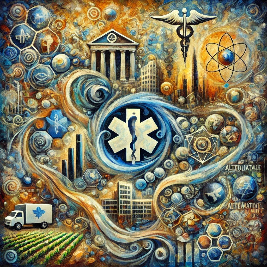 An abstract and impressionist-style oil painting depicting themes of control and influence within the medical, financial, and industrial systems. The composition features interwoven symbols of medical education, financial networks, and pharmaceutical dominance. Dominant swirling strokes of vibrant blues, golds, and deep reds suggest the entanglement of power, while fragmented shapes of hospitals, research facilities, and corporate buildings dissolve into one another. Subtle undertones of decaying nature and muted greens symbolize the decline of natural health. Fluoridated water sources, chemical agriculture fields, and alternative medicine symbols suppressed under layers of paint add depth and tension. The overall mood is both dynamic and haunting, representing control and suppression under vibrant, chaotic beauty. An abstract and impressionist-style oil painting depicting themes of control and influence within the medical, financial, and industrial systems. The composition features interwoven symbols of medical education, financial networks, and pharmaceutical dominance. Dominant swirling strokes of vibrant blues, golds, and deep reds suggest the entanglement of power, while fragmented shapes of hospitals, research facilities, and corporate buildings dissolve into one another. Subtle undertones of decaying nature and muted greens symbolize the decline of natural health. Fluoridated water sources, chemical agriculture fields, and alternative medicine symbols suppressed under layers of paint add depth and tension. The overall mood is both dynamic and haunting, representing control and suppression under vibrant, chaotic beauty.