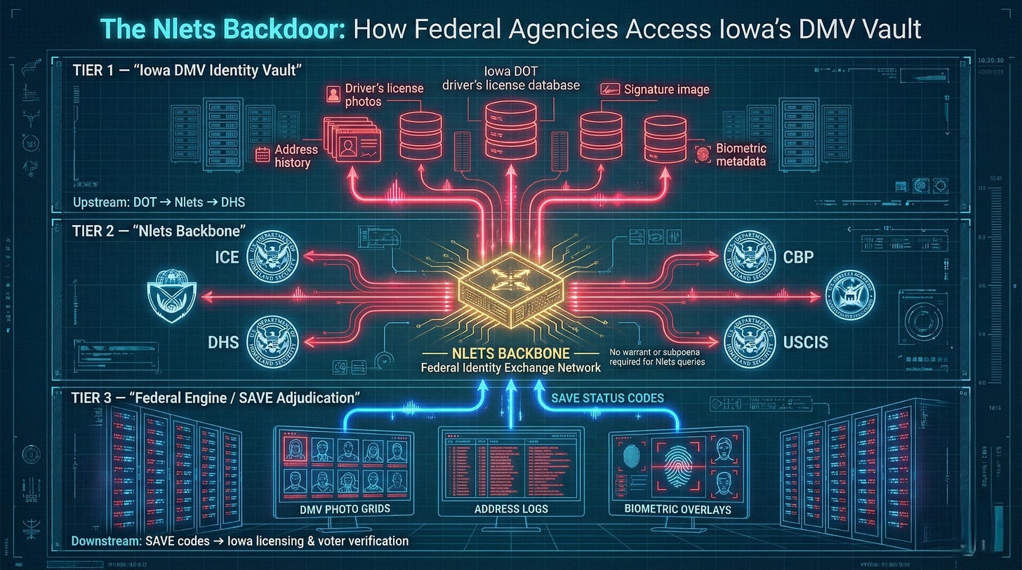Diagram titled “The Nlets Backdoor” showing Iowa’s DMV identity vault at the top sending driver data through the Nlets federal exchange backbone to agencies like DHS, ICE, CBP, and USCIS, then returning SAVE status codes downstream into Iowa’s voter and licensing systems.  Thinking ChatGPT can make mistakes. Check important info.