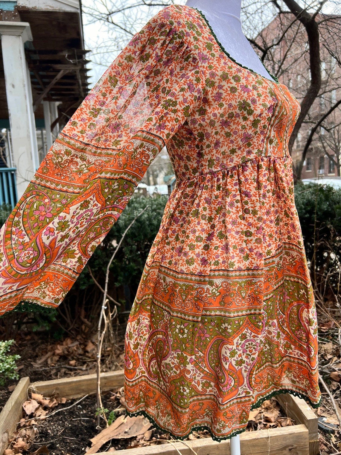 Vintage 60s Floral Prairie Minidress with Pleated Skirt,Scoop Neck,Sheer Overlay,Bell Sleeves & Crocheted Hems by Charisma, Size 4 image 1