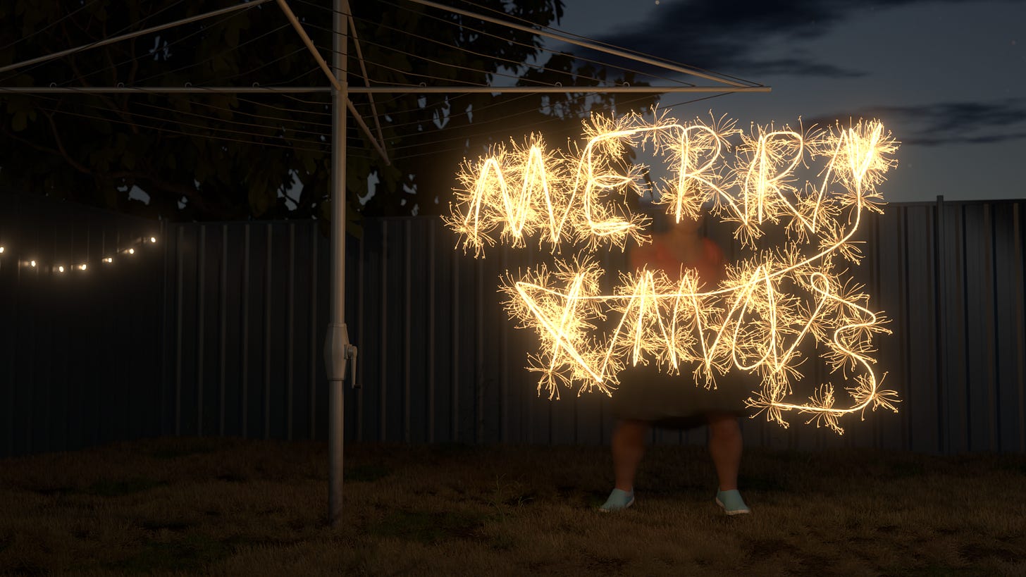 A Blender 3d render of a woman in an Australian backyard at sunset, drawing "Merry Christmas" in the air with a sparkler in a long exposure shot. A Hills Hoist and some fairy lights decorate the backyard.