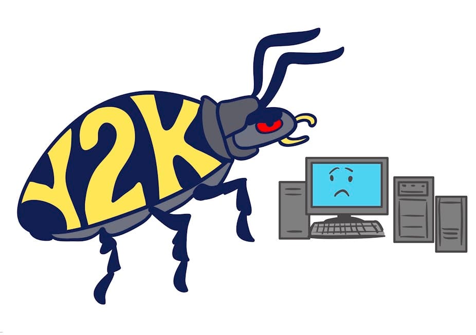 A digital illustration of a giant Millennium Bug (a computer virus) devouring a computer, symbolizing the Y2K bug's potential to cause chaos in technology systems at the turn of the century.