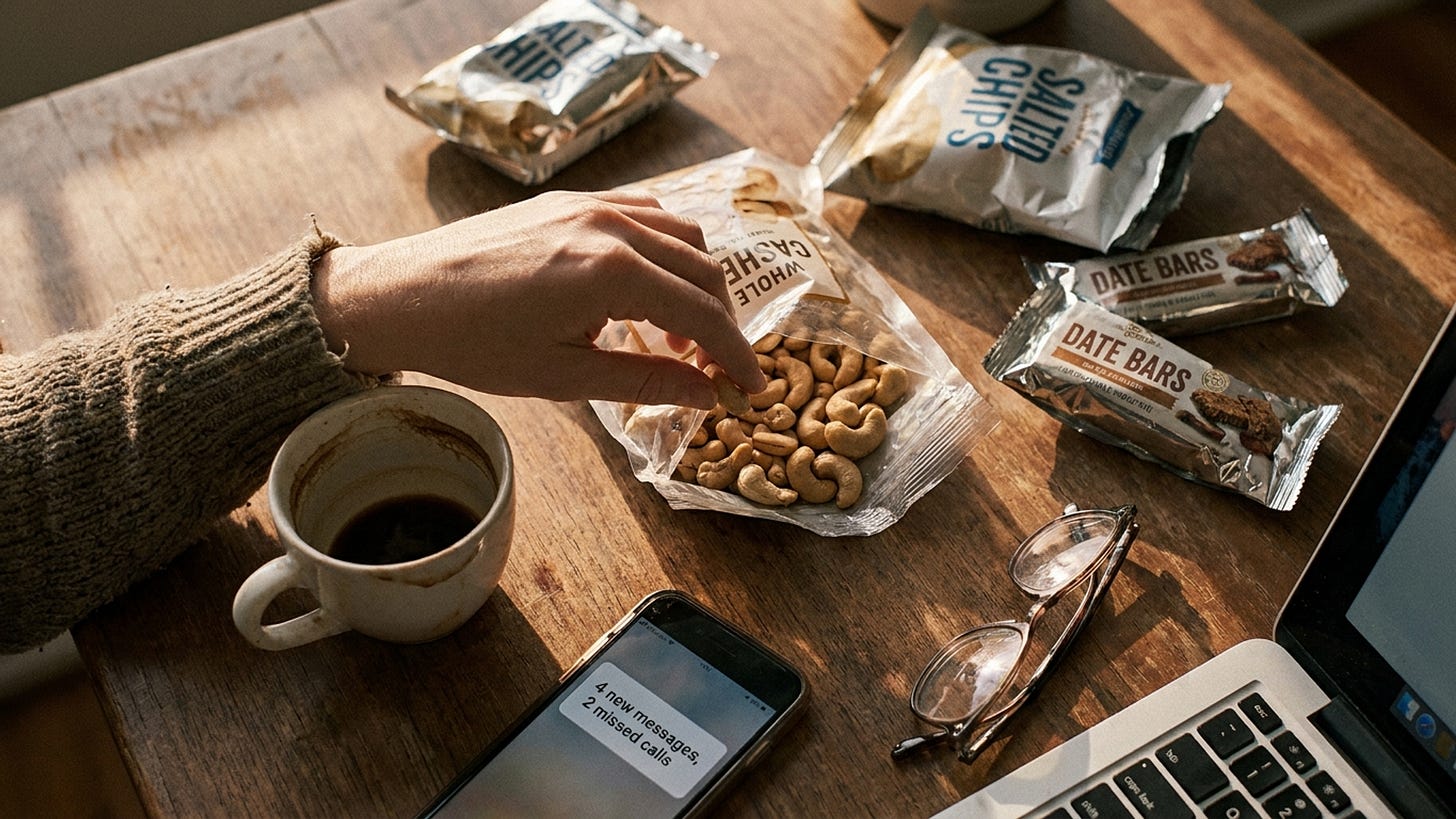 Overhead view of a woman's hand reaching into a bag of cashews on a cluttered desk, empty coffee cup, phone notifications visible, afternoon light, evidence of reactive grazing Overhead view of a woman's hand reaching into a bag of cashews on a cluttered desk, empty coffee cup, phone notifications visible, afternoon light, evidence of reactive grazing