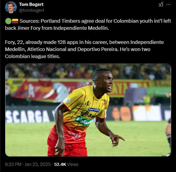 Sources: Portland Timbers agree deal for Colombian youth int'l left back Jimer Fory from Independiente Medellin.  Fory, 22, already made 128 apps in his career, between Independiente Medellin, Atletico Nacional and Deportivo Pereira. He's won two Colombian league titles.