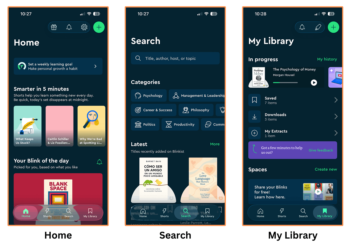 Blinkist's mobile interface (dark mode)