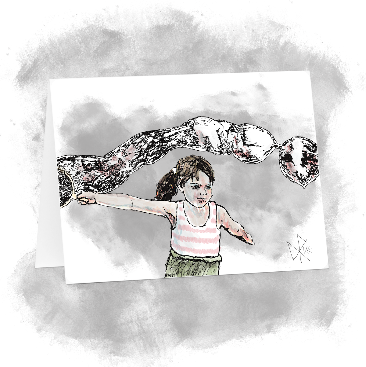A young girl in a pink striped shirt runs in a circle with a large bubble hoop, creating a long worm of soap by trapping some air. Sketch art by Don Rice.