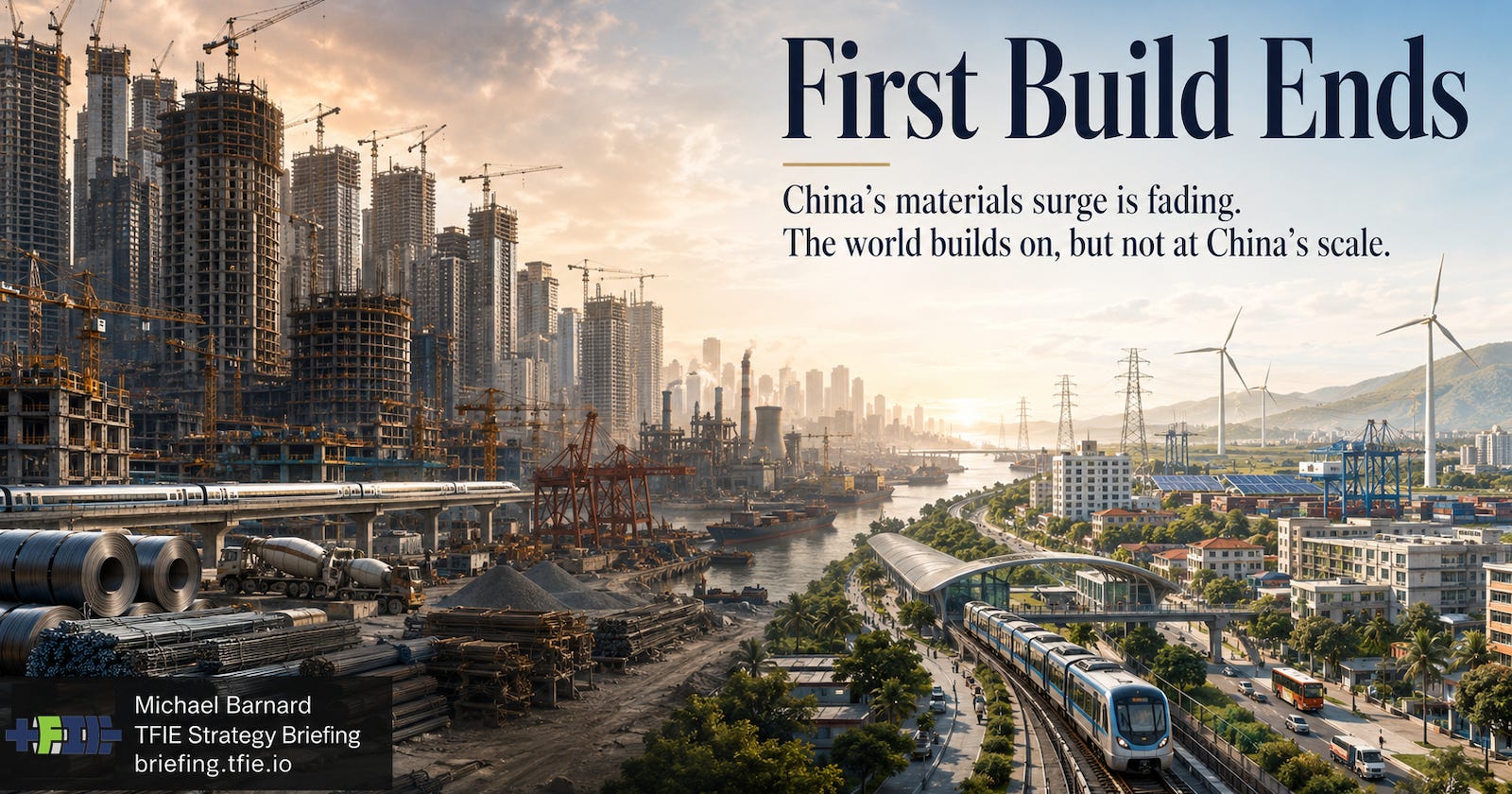Hero graphic showing dense Chinese-style construction and materials on one side, with cleaner transit, grids, ports, wind, and urban infrastructure on the other.