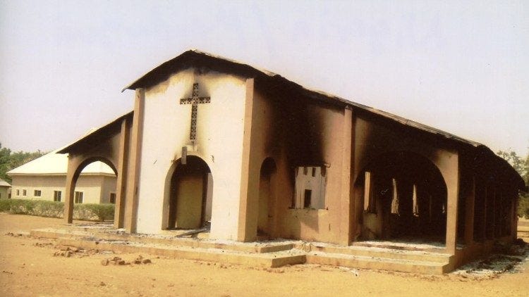 Burnt church in  Maiduguri, Nigeria