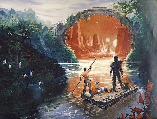 Three figures on a raft in a lush river head towards an orange portal showing a desert landscape. The scene is mystical and adventurous.