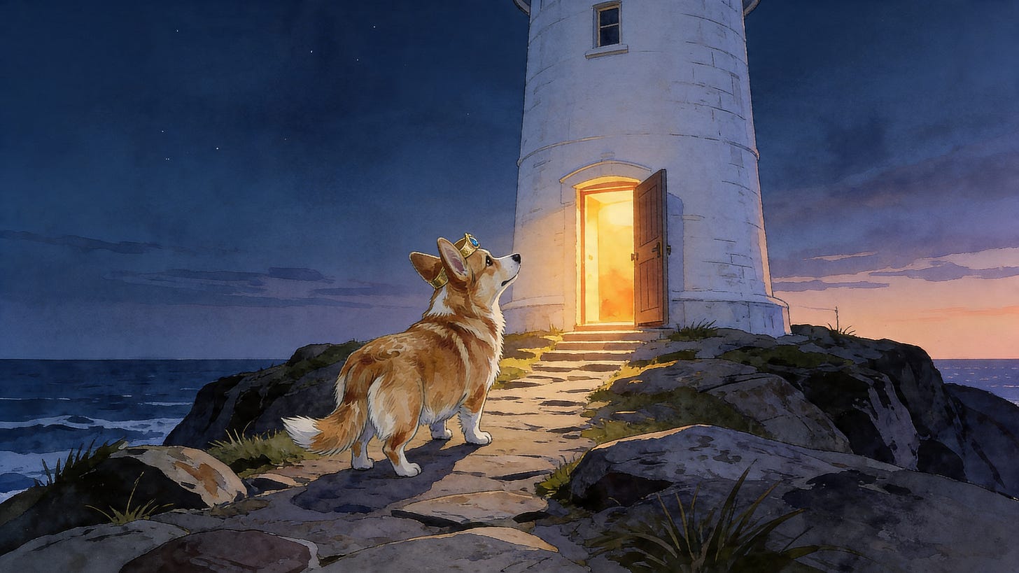 Prince Freddie approaches the open door of the red-capped lighthouse on the Spanish coast in a sleep story illustration.