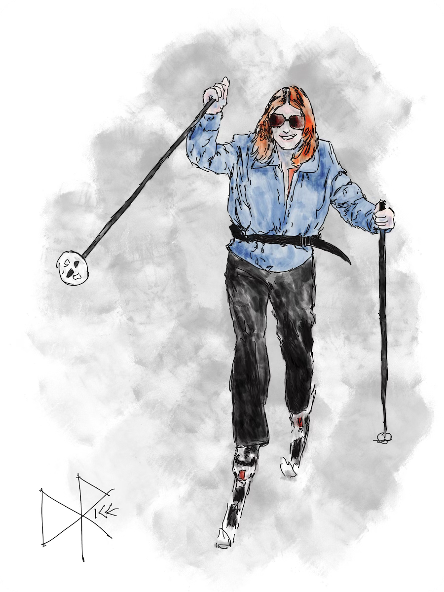 A woman enjoying a beautiful winter day while skiing through light powder on the trail. Sketch art by Don Rice.