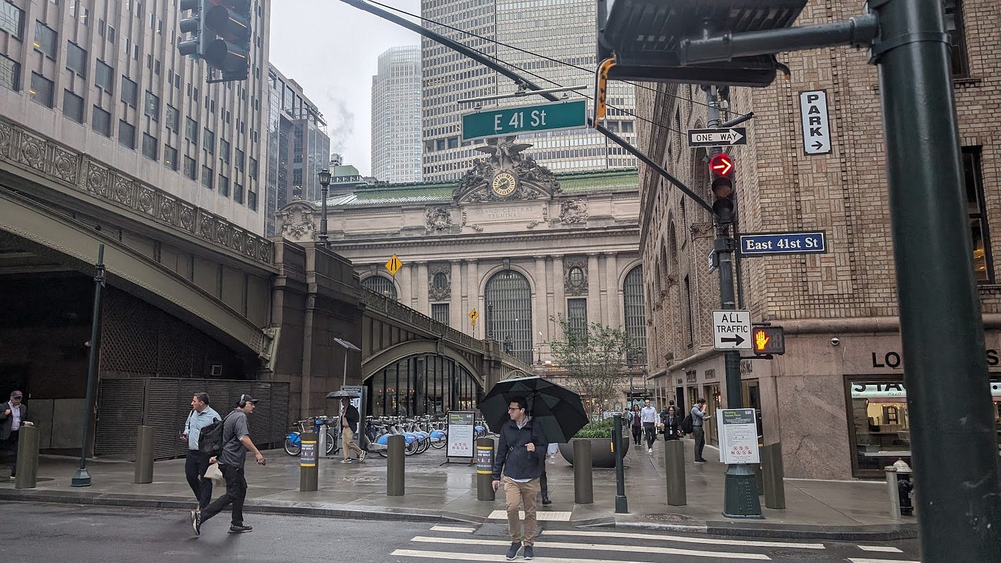 View of Grand Central Terminal from the outside on a rainy day
