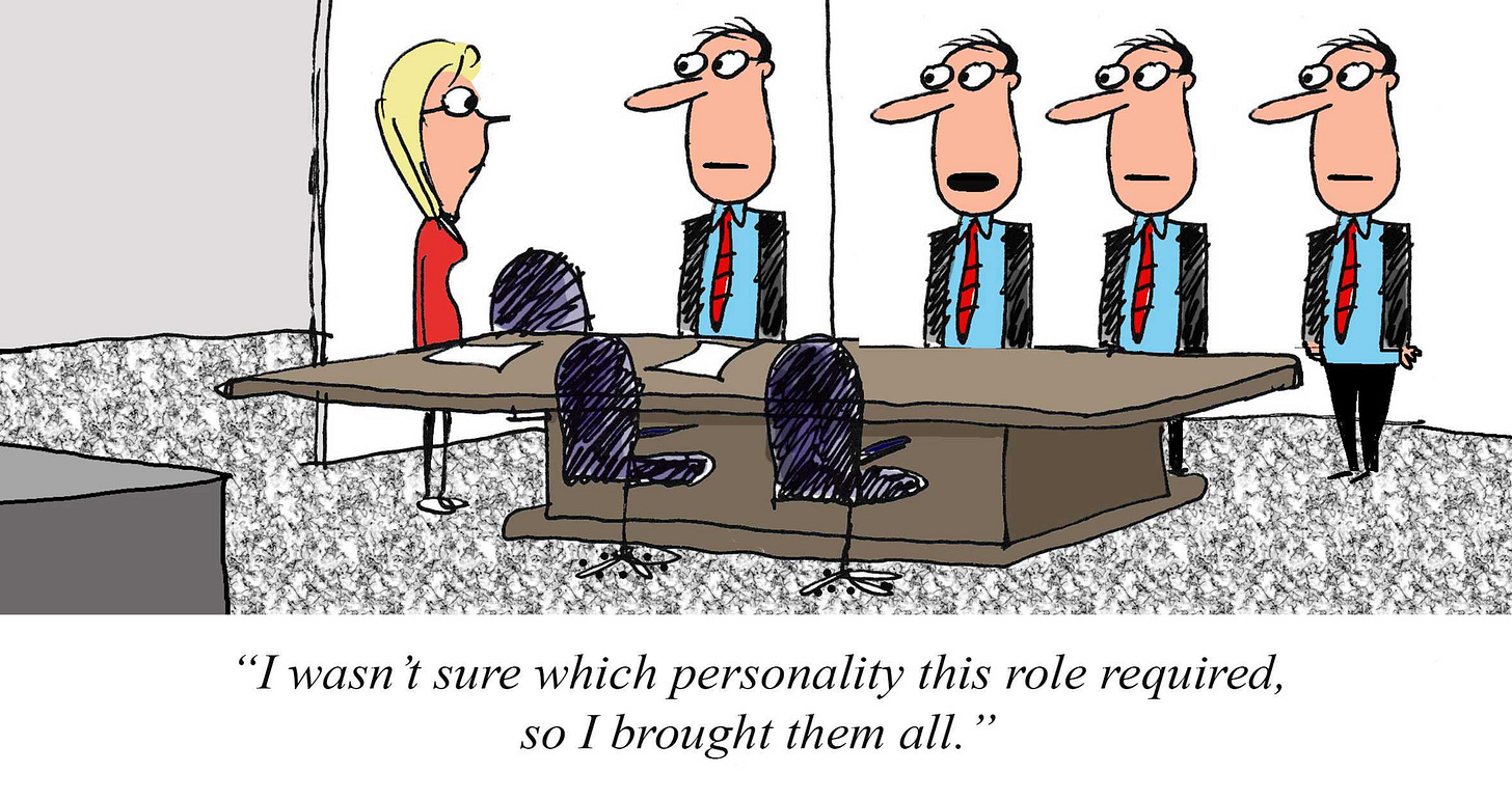 Cartoon of a job interview where a candidate appears alongside several identical versions of himself, each with a different expression, with a caption joking that he brought all his personalities because he wasn’t sure which one the role required.