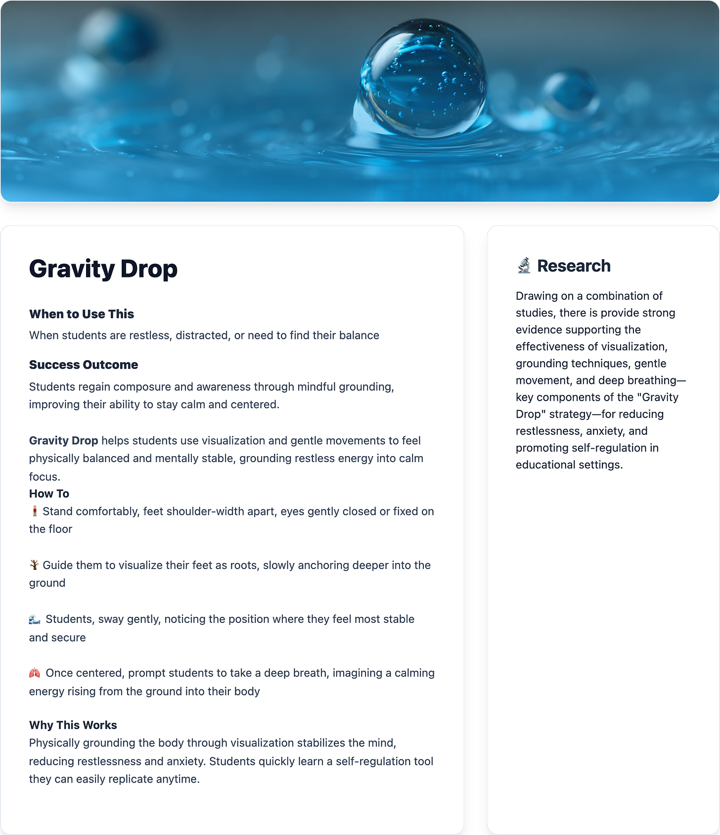 Strategy card for Gravity Drop, a grounding technique where students imagine roots, sway gently, and breathe deeply to reduce stress and regain focus in the classroom.