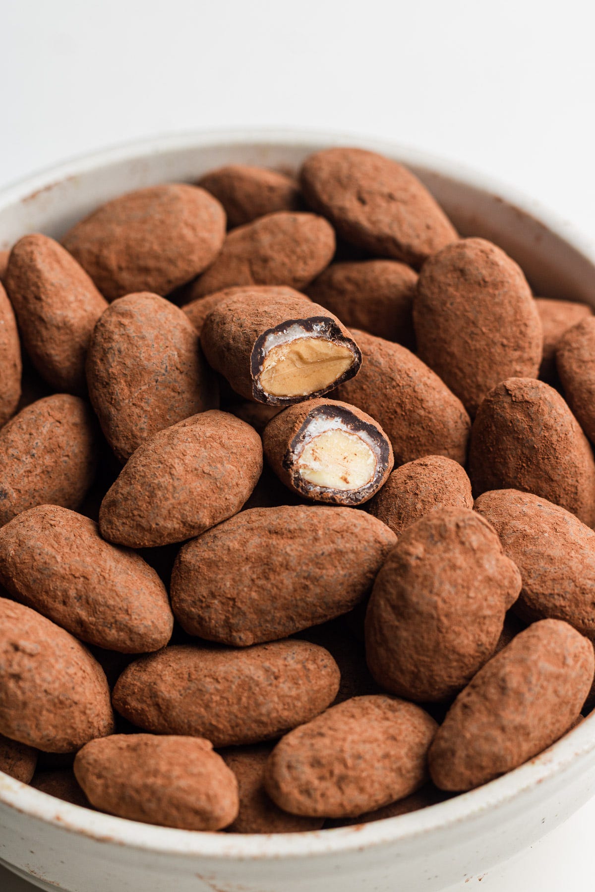candied chocolate covered almonds in a bowl