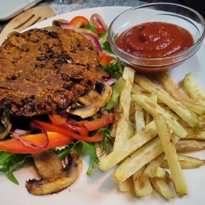 No Oil-free French Fries stovetop no bake and black bean burger