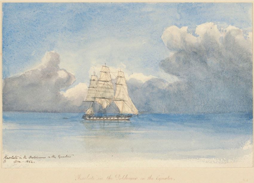 A painted tall ship lying still on a calm painted ocean.