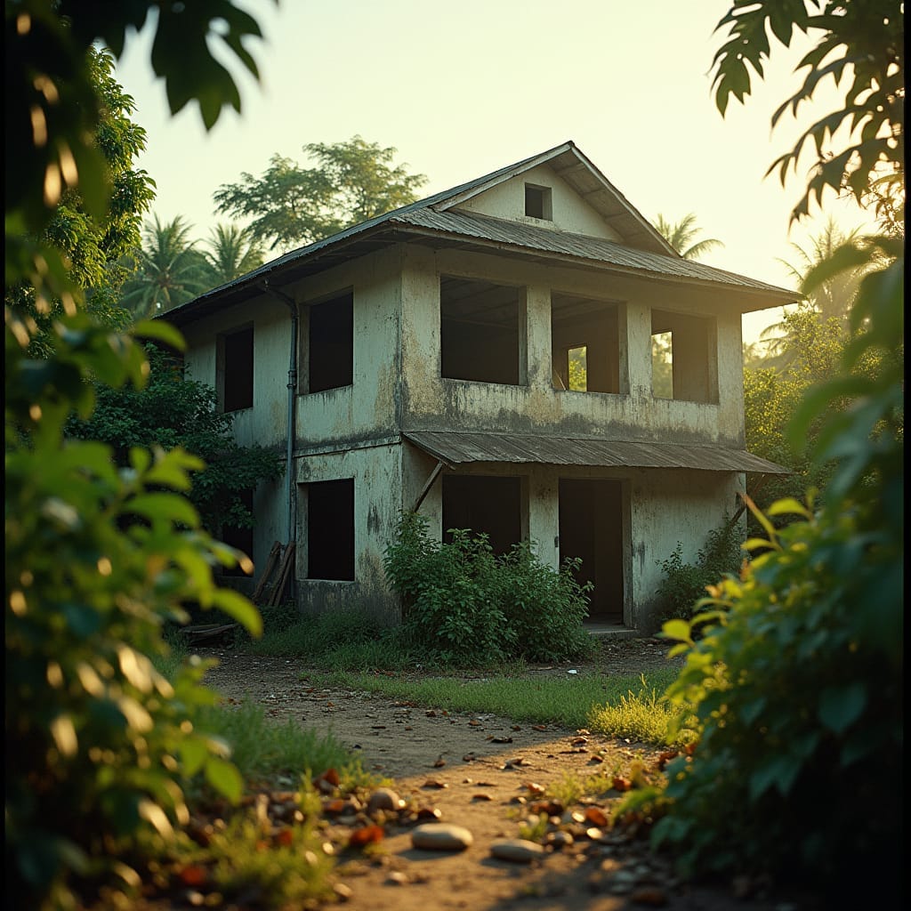 A dilapidated Jamaican property on the verge of collapse, surrounded by lush tropical foliage