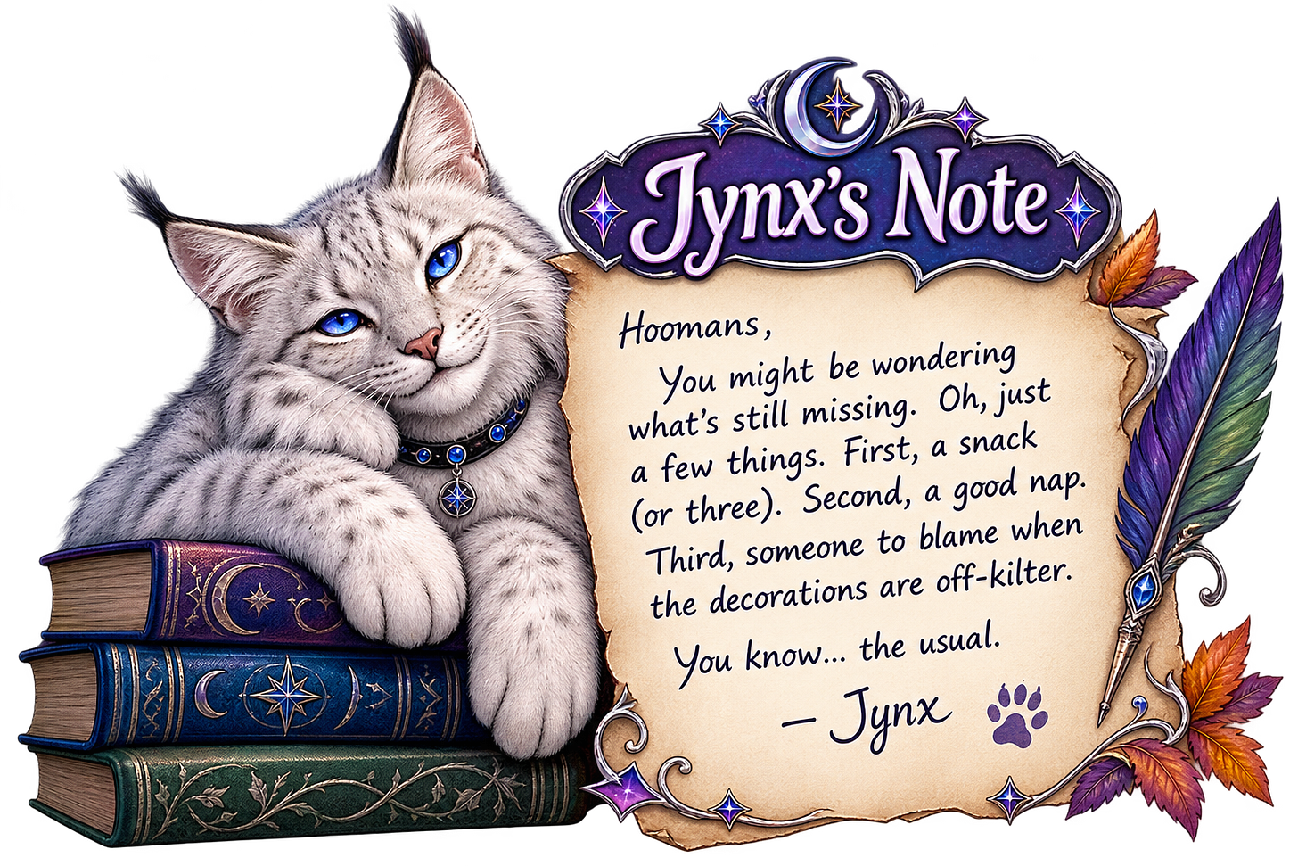 Jynx's note saying he thinks what is missing is a snack, a nap and someone to blame if things go wrong. Jynx's note saying he thinks what is missing is a snack, a nap and someone to blame if things go wrong.