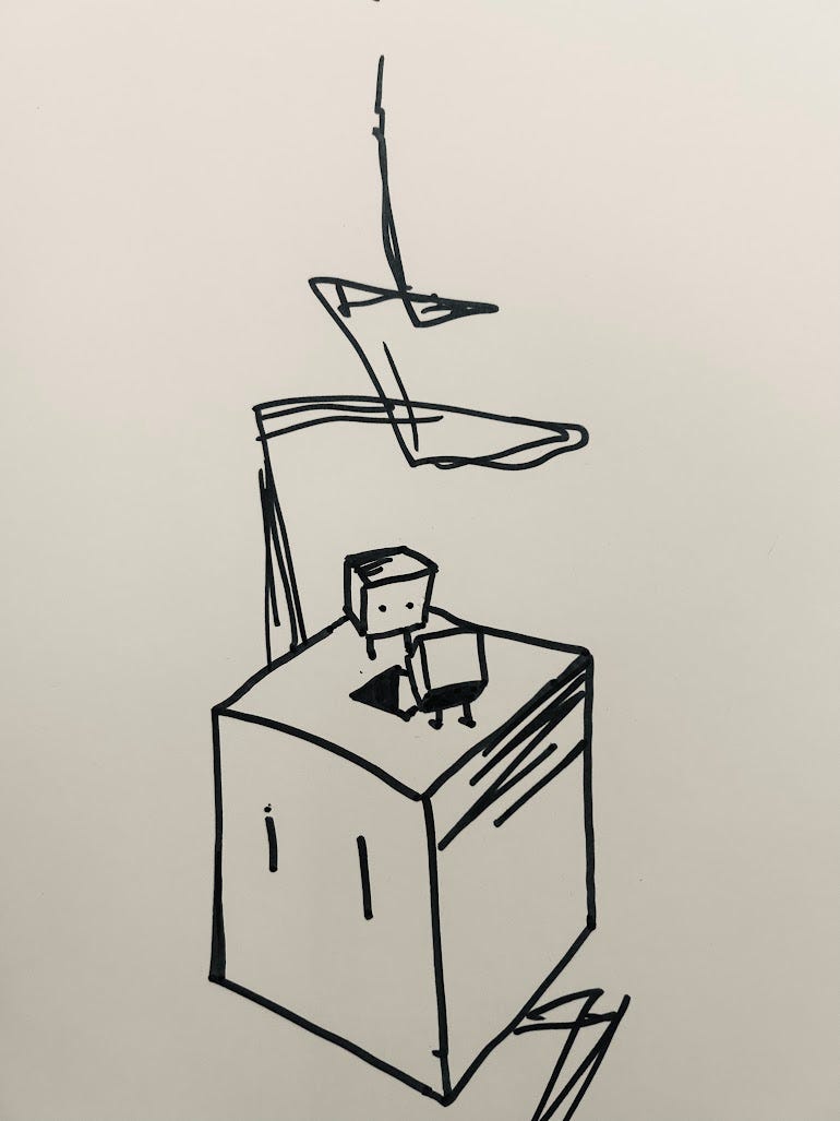 Two boxes peer into a box-shaped hole opening in the top of a much bigger box.
