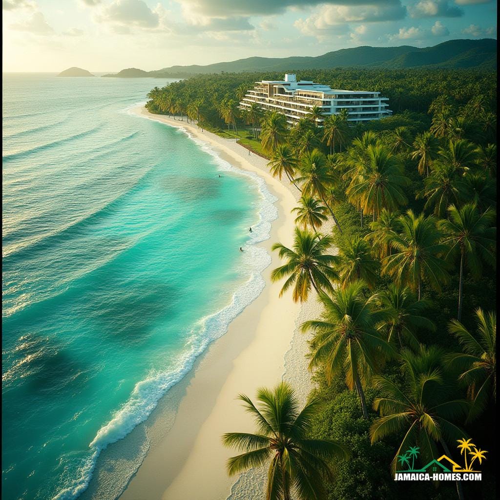 Luxurious Jamaican resort, lush green palm trees swaying gently in the Caribbean breeze, turquoise ocean waves crashing against the shore, warm golden light casting long shadows across the pristine white sand beach, cinematic composition, shallow depth of field, subtle lens flares, film grain texture reminiscent of 35mm celluloid, vignette effect drawing focus to the resort's sleek modern architecture, vibrant color palette with deep blues and warm yellows, inspired by the cinematic styles of Roger Deakins, Emmanuel Lubezki, and Hoyte van Hoytema, evoking a sense of epic grandeur and drama.
