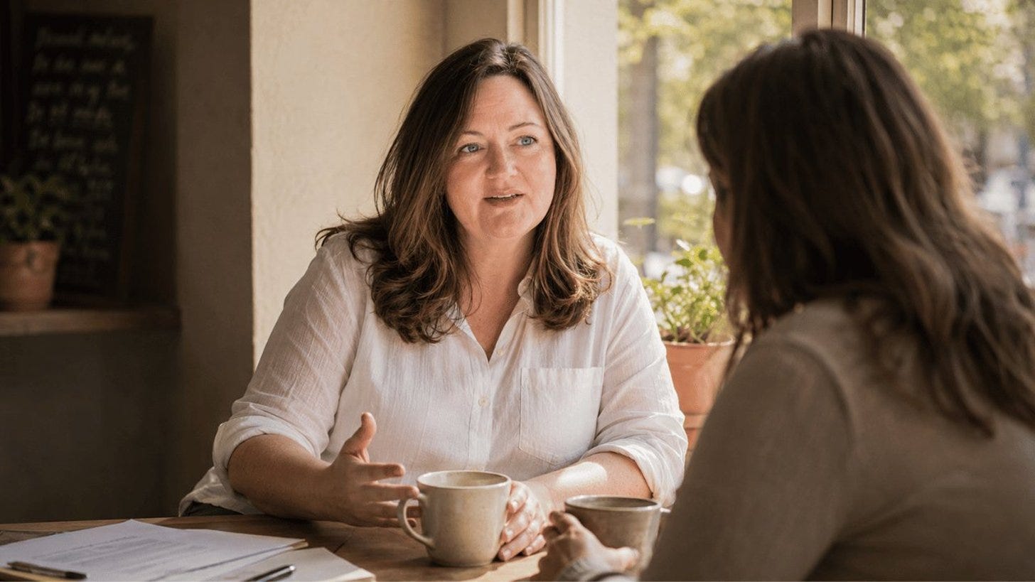 Two women sit across from each other at a cafe table with cups of tea, one speaking openly and the other listening attentively, illustrating the warmth and honesty of a genuine business conversation.