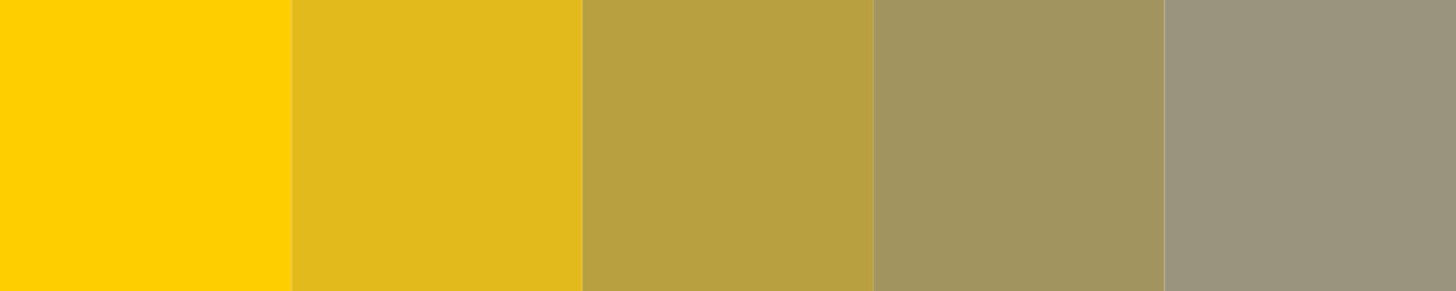 A imagem apresenta uma composição horizontal e minimalista composta por uma sequência de cinco blocos retangulares de cores, dispostos lado a lado sobre um fundo inteiramente preto. A paleta de cores forma um gradiente que parte de um tom quente e luminoso para tons progressivamente mais frios e neutros. Da esquerda para a direita, as cores são: Amarelo Vibrante: Um tom intenso e solar, que lembra o amarelo de um girassol ou sinal de trânsito. É a cor mais saturada da paleta. Amarelo Mostarda: Um tom um pouco mais escuro e fechado que o anterior, começando a perder o brilho intenso. Ocre Dourado: Uma transição para um tom terroso e envelhecido, assemelhando-se ao latão ou ao ouro velho. Verde Oliva Acinzentado: Uma cor neutra e sóbria, que mistura o verde-oliva com uma base de cinza, transmitindo uma sensação de musgo seco. Cinza Quente: O último bloco é um tom de cinza médio com um fundo levemente amarronzado, sendo a cor mais neutra e discreta da sequência. A imagem apresenta uma composição horizontal e minimalista composta por uma sequência de cinco blocos retangulares de cores, dispostos lado a lado sobre um fundo inteiramente preto. A paleta de cores forma um gradiente que parte de um tom quente e luminoso para tons progressivamente mais frios e neutros. Da esquerda para a direita, as cores são: Amarelo Vibrante: Um tom intenso e solar, que lembra o amarelo de um girassol ou sinal de trânsito. É a cor mais saturada da paleta. Amarelo Mostarda: Um tom um pouco mais escuro e fechado que o anterior, começando a perder o brilho intenso. Ocre Dourado: Uma transição para um tom terroso e envelhecido, assemelhando-se ao latão ou ao ouro velho. Verde Oliva Acinzentado: Uma cor neutra e sóbria, que mistura o verde-oliva com uma base de cinza, transmitindo uma sensação de musgo seco. Cinza Quente: O último bloco é um tom de cinza médio com um fundo levemente amarronzado, sendo a cor mais neutra e discreta da sequência.