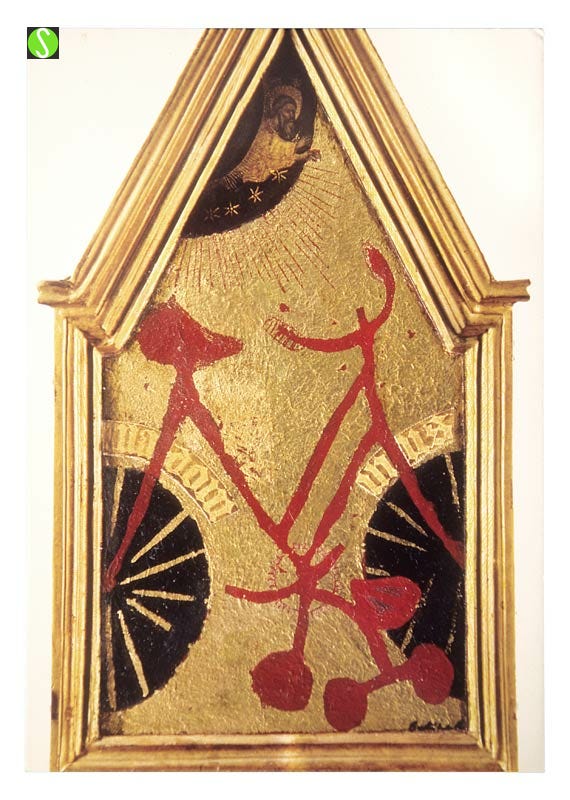madonna and child as two bicycles, 14th century alterpiece postcard artwork