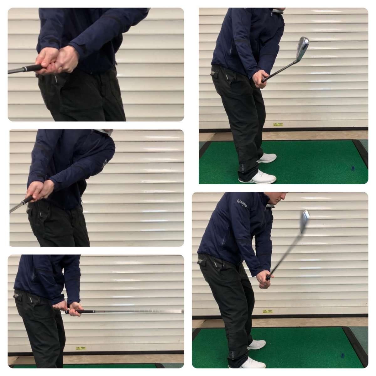 Golf swing sequence demonstrating correct wrist hinge technique from setup through backswing for improved ball striking Golf swing sequence demonstrating correct wrist hinge technique from setup through backswing for improved ball striking