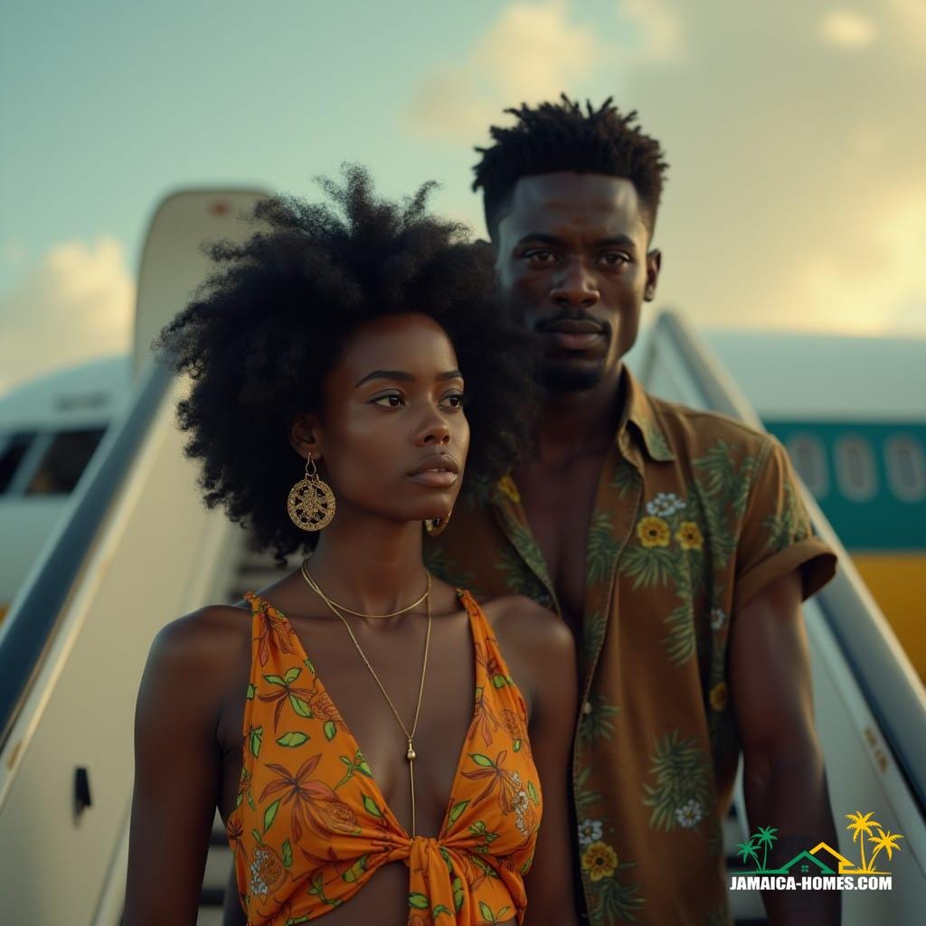 A stunningly beautiful woman with flawless dark skin, vibrant island-inspired clothing, and an effortless Afro, steps off a plane in Jamaica, alongside her concerned-looking partner, a handsome young man with a rugged, worried expression, clad in casual, yet stylish attire, as they begin their new life together. Cinematic film still, reminiscent of the works of Terrence Malick, Wong Kar-wai, and Lynne Ramsay, shot on a V-Raptor XL, with a warm, rich color palette, and subtle film grain, featuring a shallow depth of field, with a noticeable vignette, evoking a sense of intimacy and vulnerability, as if plucked straight from a 35mm film reel, with dramatic, atmospheric lighting that accentuates the emotional tension, and a hint of post-processing to enhance the dreamy, epic quality of the image.