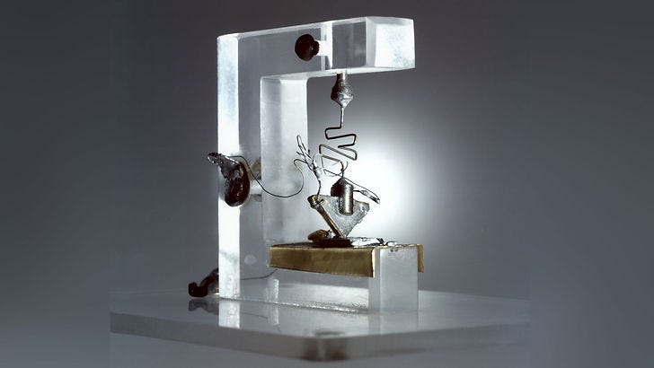 Original point-contact transistor, 1947, developed by John Bardeen and Walter Brattain at Bell Labs, Murray Hill, New Jersey.
