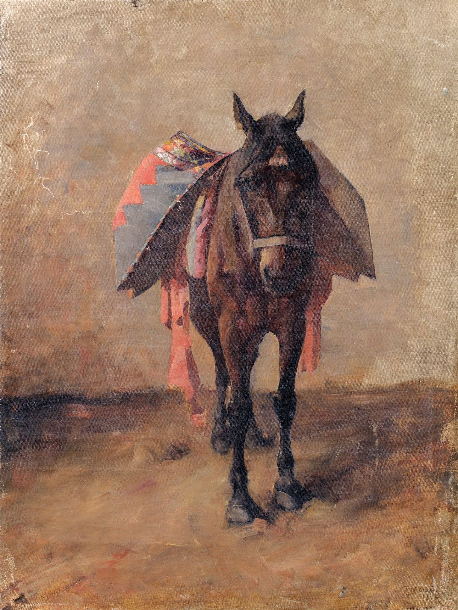 An oil painting featuring a horse laden with heavy goods. An oil painting featuring a horse laden with heavy goods.