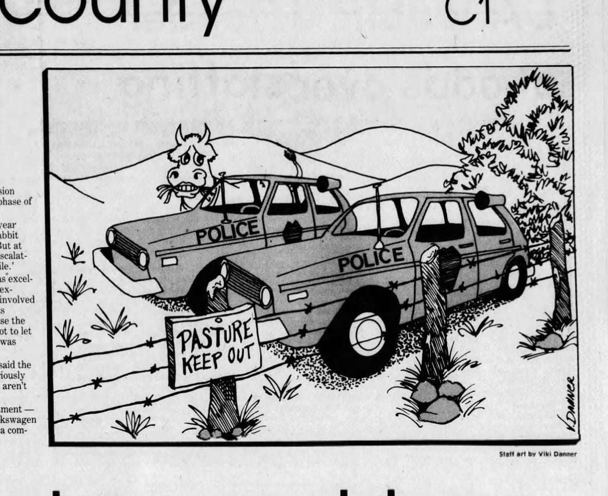 Cartoon of Volkswagen Rabbit police cars put out to pasture. Cartoon of Volkswagen Rabbit police cars put out to pasture.