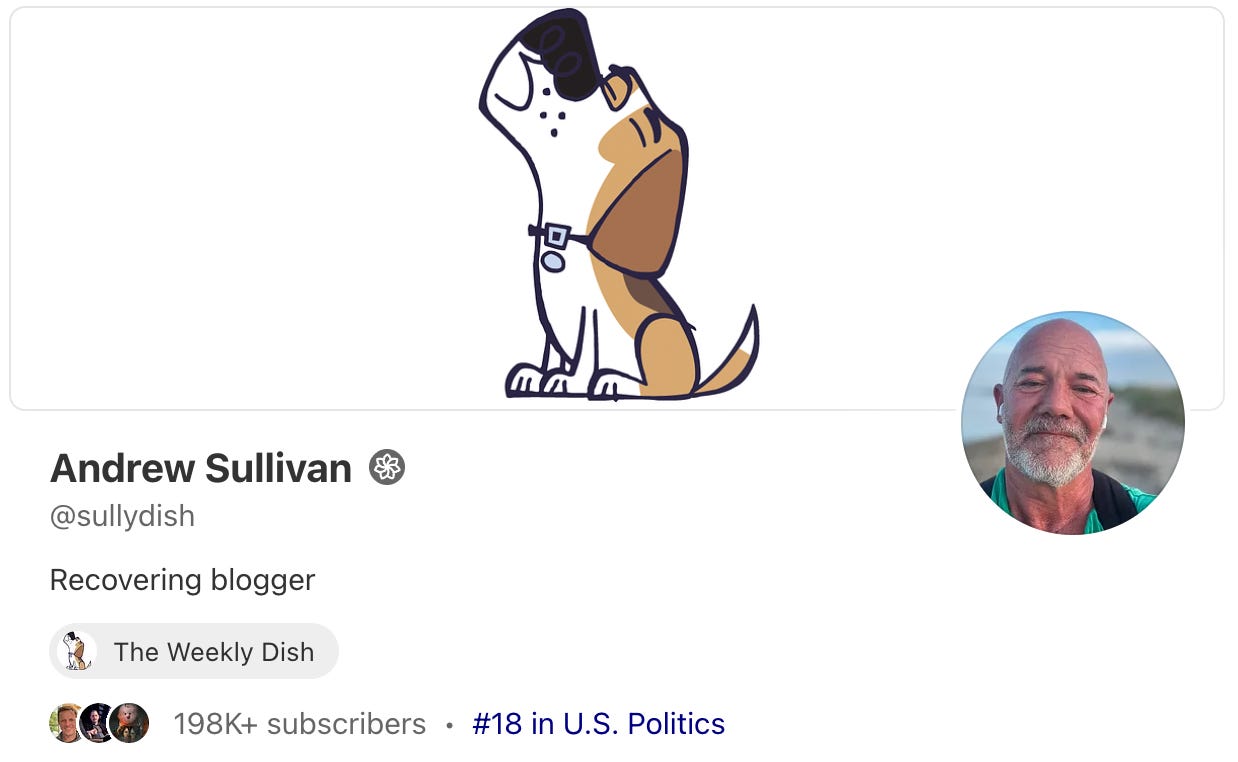 Screenshot of Andrew Sullivan’s Substack profile, titled The Weekly Dish. The banner features a cartoon dog looking upward. Below, it shows Sullivan’s name, handle (@sullydish), description (“Recovering blogger”), and a profile photo of him smiling outdoors. The account has over 198,000 subscribers and is ranked #18 in U.S. Politics.