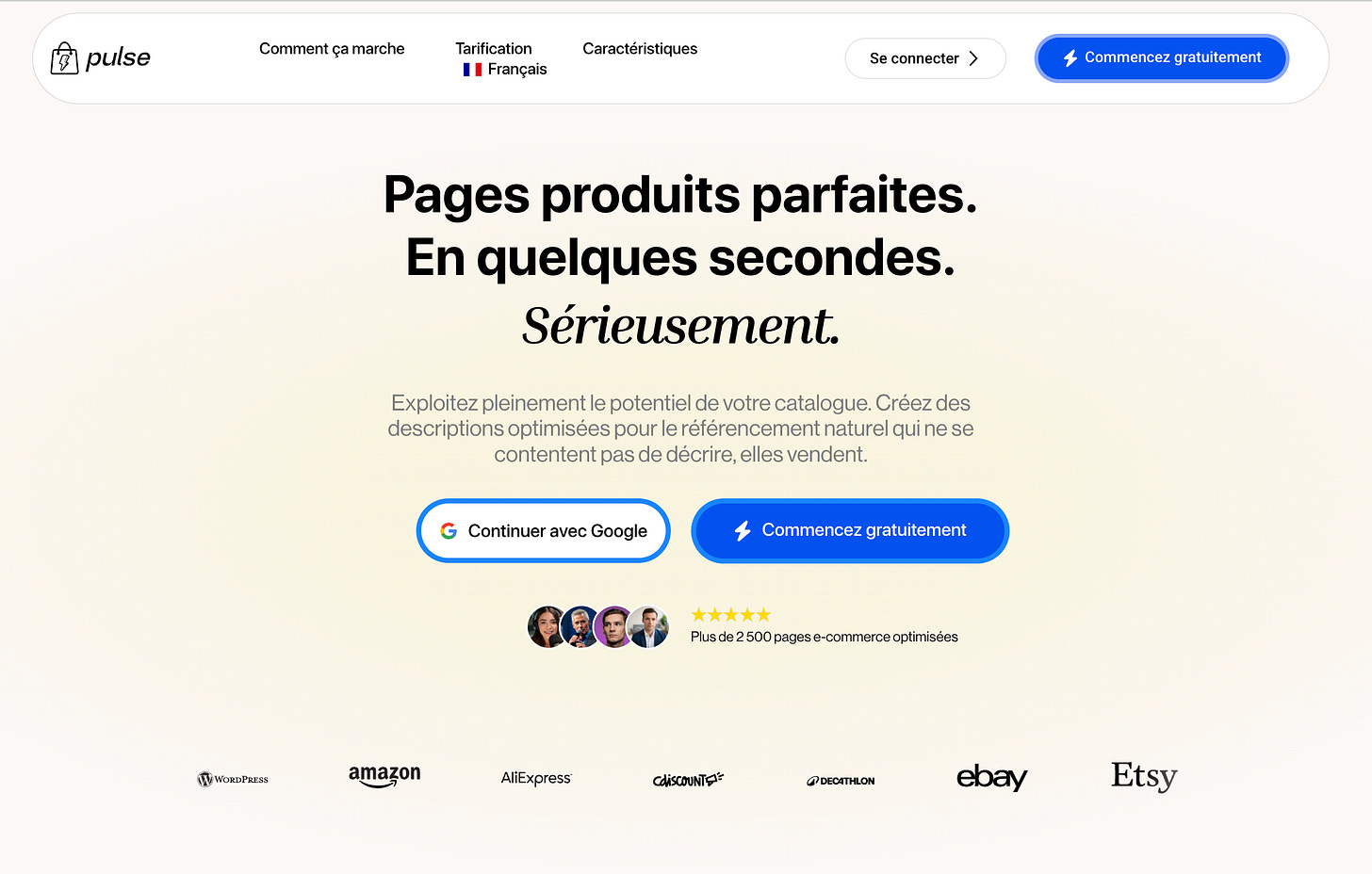 Pulse : l'application permettant de générer des fiches produits e-commerce optimisées SEO en quelques secondes. Pulse : l'application permettant de générer des fiches produits e-commerce optimisées SEO en quelques secondes.
