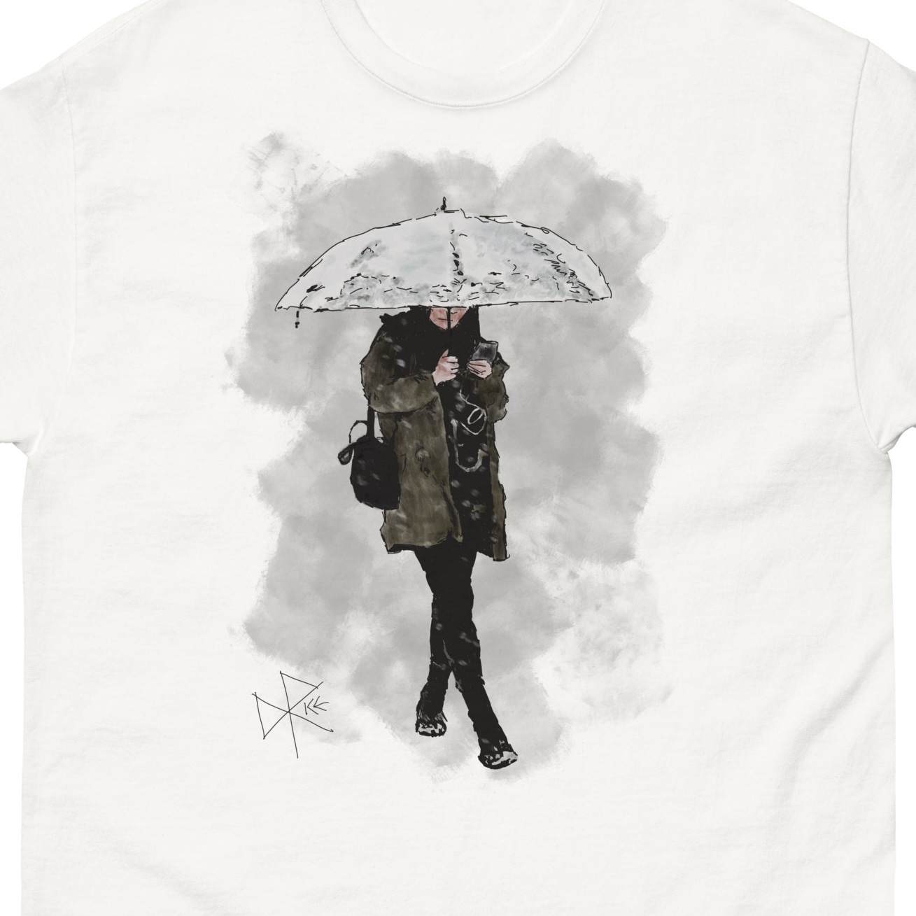 Woman walking while the snow falls, holding her opened umbrella over her head as she uses a mobile phone with her other hand. Snow is falling and has collected stickily to the umbrella and her boots. Sketch art by Don Rice. Woman walking while the snow falls, holding her opened umbrella over her head as she uses a mobile phone with her other hand. Snow is falling and has collected stickily to the umbrella and her boots. Sketch art by Don Rice.