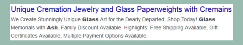 screenshot of a Google ad for cremation jewelry and glass paperweights made from cremains screenshot of a Google ad for cremation jewelry and glass paperweights made from cremains