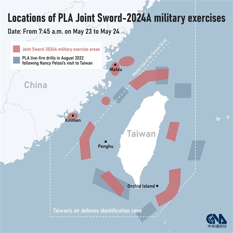 Locations of PLA Joint Sword-2024A military exercises