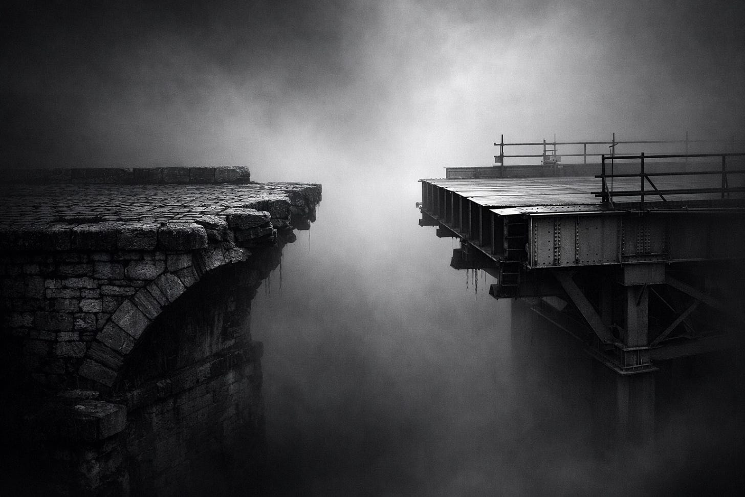 A fractured bridge in fog representing the broken 2018 Vatican-China religious freedom agreement.