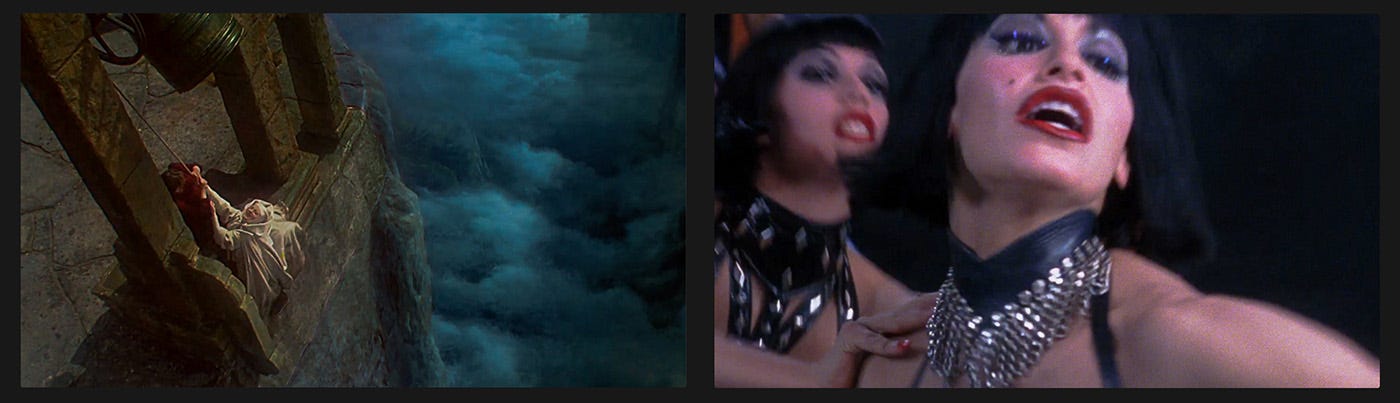 Split image showing Sister Clodagh hanging on for dear life as Ruth tries to push her off the cliff beneath the bell tower in Black Narcissus and Nomi shoving Cristal down backstage stairs in Showgirls.